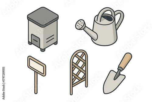 Isometric set of essential gardening tools: watering can, trowel, compost bin, trellis, and sign