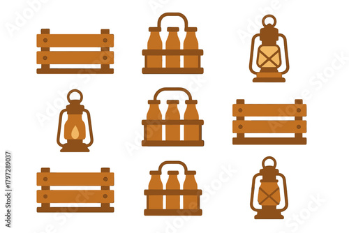 Rustic farm objects including wooden crates, milk bottle carriers, and vintage oil lanterns