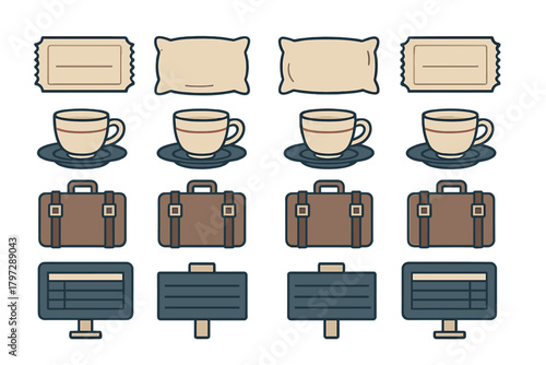 Stylized icons representing travel, business, and hotel amenities like luggage, coffee, and tickets