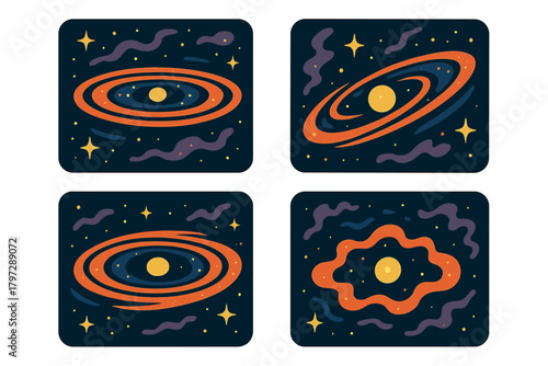 Four stylized cosmic designs featuring abstract galaxies stars and nebulas in deep space