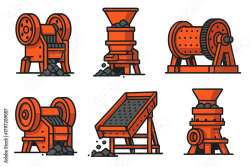 Heavy industrial machinery including rock crushers, ball mills, and screening equipment for mining