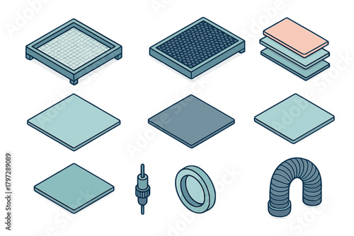 Modular isometric components for technical diagrams featuring plates, filters, layers, and connectors