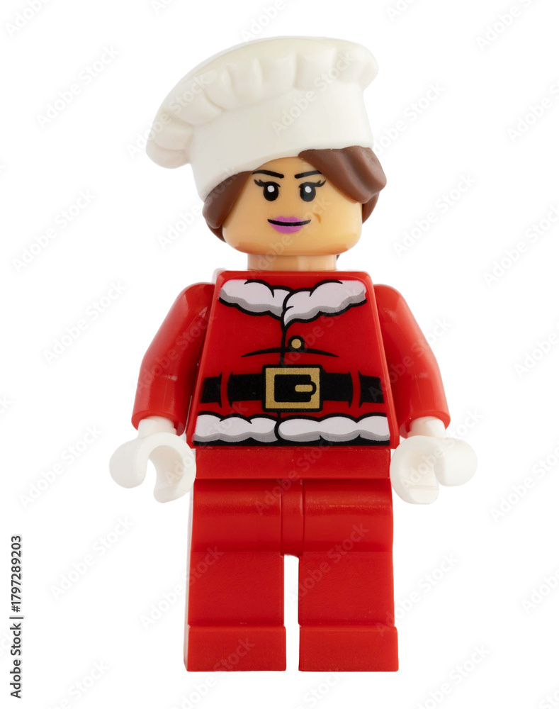 Naklejka premium Dortmund - Deutschland 13. November 2025 - Lego Figur Bäckerin im Nikolaus Kostüm - Studio Aufnahme
