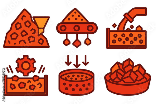 Collection of detailed icons illustrating industrial mineral processing and raw material handling steps