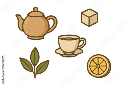 Collection of tea time elements including teapot, cup, saucer, sugar, lemon, and fresh leaves