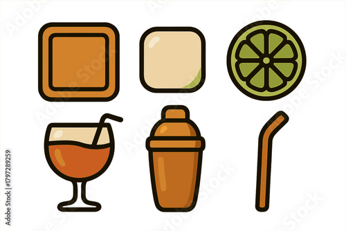 Stylized icons for cocktail making and bar accessories including shaker, glass, lime, and straw