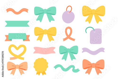Colorful pastel ribbons, bows, tags, and decorative elements for celebration design