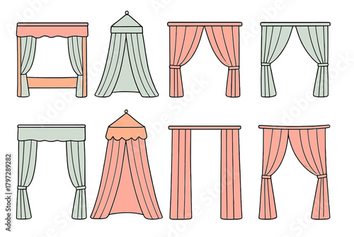 Decorative curtains, drapes, and bed canopy elements in soft pastel colors