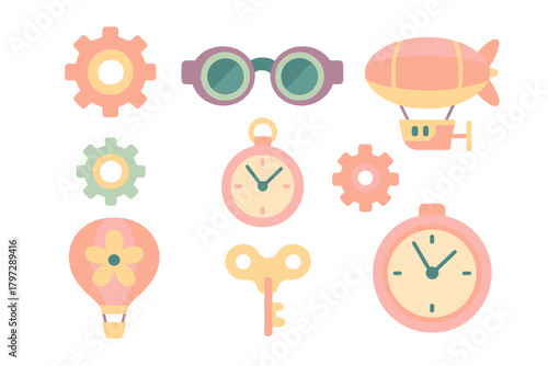 Whimsical Steampunk elements set with airship, hot air balloon, gears, clocks, and goggles