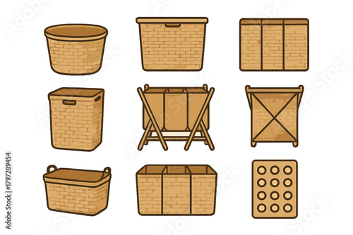 Set of household laundry hampers and woven storage baskets in various shapes and sizes