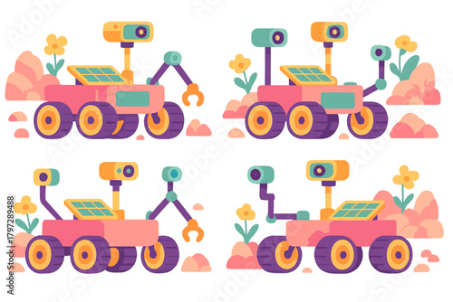 Seamless repeating pattern of futuristic space rovers with solar panels on a colorful alien planet