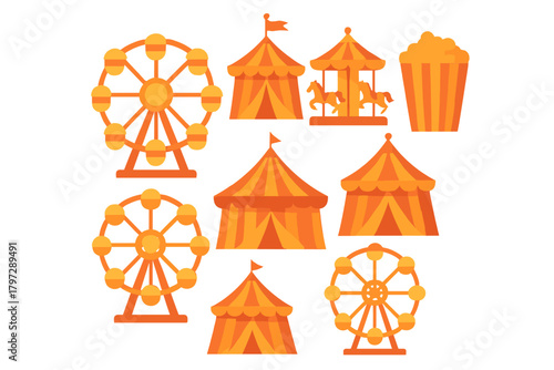 Orange and yellow carnival fairground elements including circus tents Ferris wheels and popcorn