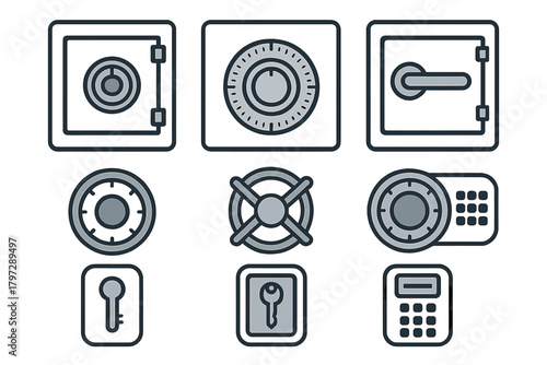 Various security icons showing different types of safes, locking mechanisms, keys, and digital keypads