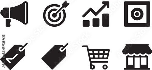 Marketing business e-commerce flat icon set with strategy growth