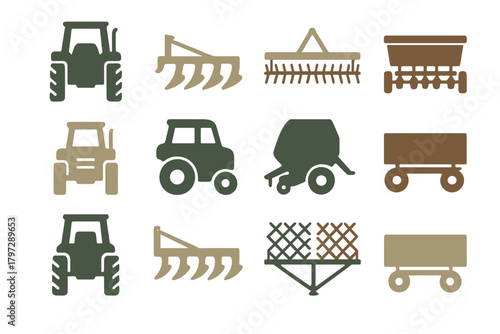 Essential agricultural machinery and farming equipment flat icons set
