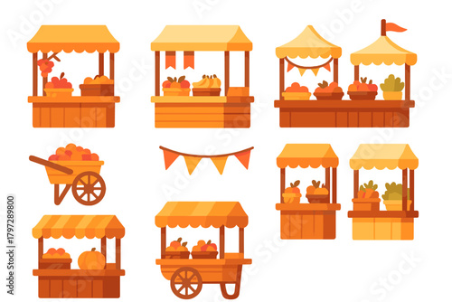 Autumn harvest market stalls and carts filled with fresh fruits and vegetables