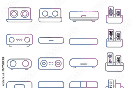 Minimalist line icons of home entertainment and audio-visual electronic devices