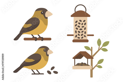 Stylized yellow and brown finches with hanging seed dispenser and tray feeder