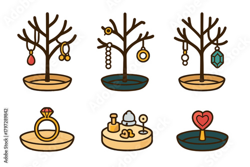 Stylized icons of precious jewelry accessories and retail display stands