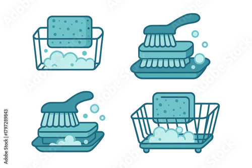 Set of four monochromatic cleaning supplies including sponges and scrubbing brushes