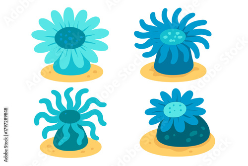 A variety of different shapes of blue underwater coral polyps and sea anemones resting on the sandy seabed