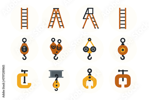 Industrial equipment featuring ladders, lifting hoists, pulleys, and heavy-duty clamps