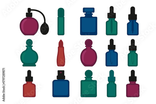 Assortment of vibrant cosmetic and fragrance bottles including dropper vials and spray dispensers