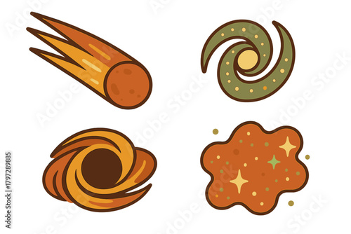 Stylized space and astronomy elements including comet, swirling galaxies, and colorful nebula