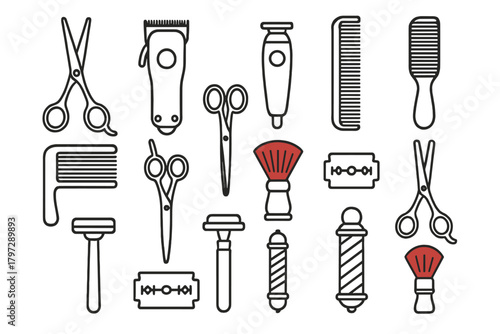 Professional barber shop tools including scissors, clippers, combs, razors, and pole