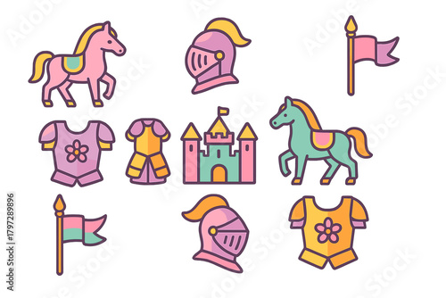 Colorful medieval fantasy elements including knight armor, helmets, flags, horses, and a fairytale castle