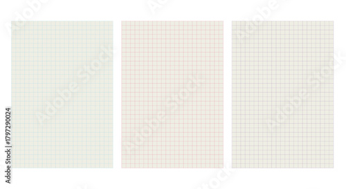 Set of Three Graph Paper Sheets, Notebook Page, Grid Background, Vector Illustration, Blue, Pink and Light Gray Colors, A4 Format, Design Template