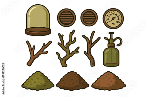 Gardening and terrarium supplies set featuring glass dome, thermometer, spray bottle, soil, and branches