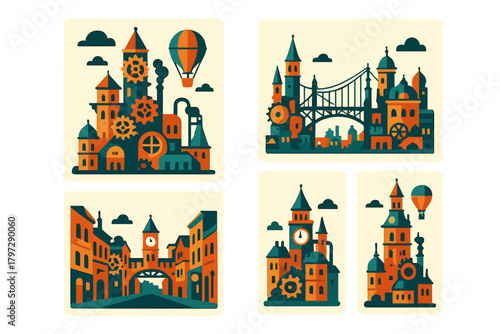 Stylized steampunk city scenes with industrial buildings and hot air balloons