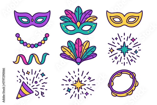 Colorful Mardi Gras and Carnival celebration featuring masks, beads, and festive elements