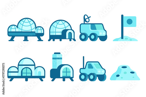 Blue futuristic space exploration icons featuring domed habitats and planetary rovers