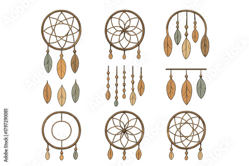 Bohemian style dreamcatchers set with hanging feathers and decorative elements