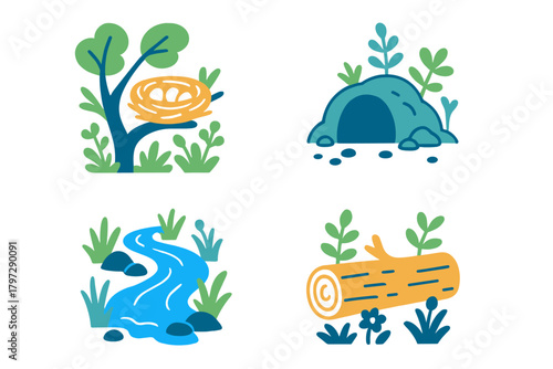 Nature habitat elements featuring a bird nest in a tree, an animal den, a flowing river, and a fallen log