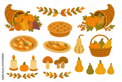 Autumn harvest collection with cornucopia, pumpkins, gourds, pie, and candles