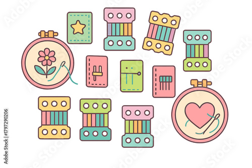 Colorful embroidery and needlework icons featuring hoops, thread bobbins, and sewing accessories