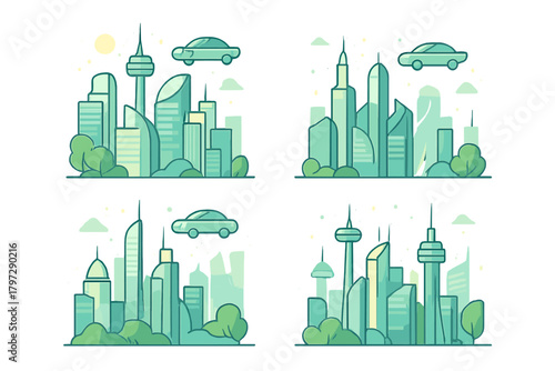 Modern city skylines featuring futuristic buildings, green spaces, and innovative transportation