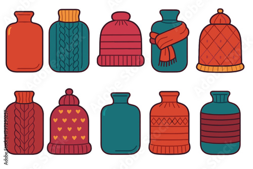 Set of cozy hot water bottles with knitted covers and winter accessories
