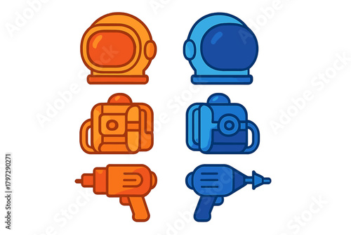 Retro futuristic space equipment featuring astronaut helmets, jetpacks, and laser guns in orange and blue