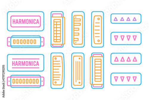 Collection of symbols showing various harmonica designs and musical instrument elements