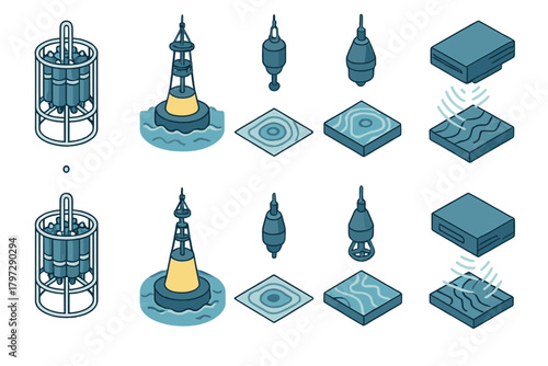 Set of scientific marine research equipment including buoys, data loggers, and underwater sensors