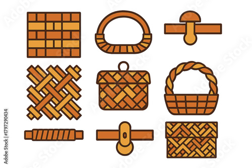 Various natural wicker weaving textures and basket container shapes for design projects
