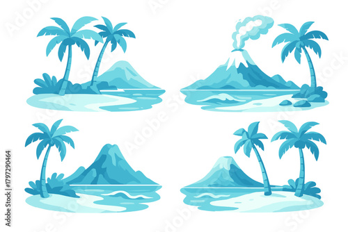 Monochromatic tropical island landscapes with palm trees, ocean waves, and volcanoes