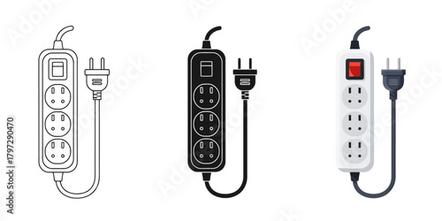 Power Strip Extension Cord Vector Set in Three Styles — Line Art, Silhouette and Color Version  in Black and White for Electrical Connectivity and Energy Distribution