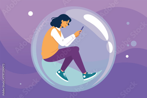 -person-scrolling-phone-inside-bubble-ignoring-wor.eps