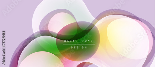 Abstract design features overlapping translucent circles. Colors blendpurple, green, yellow, pinkcreating soft gradients. Text reads background design.