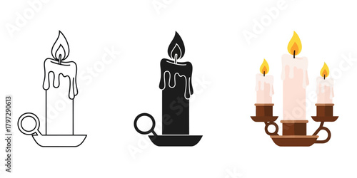Elegant Candle Vector Set in Three Styles — Line Art, Silhouette and Color Version with Dripping Wax and Decorative Holder on White Background